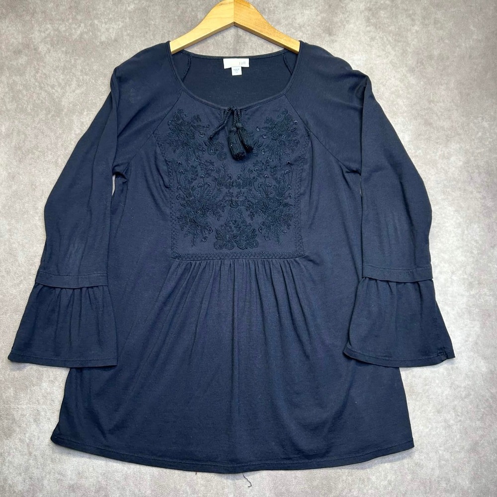 J.Jill Navy Blue Embroidered Tassel Peasant Top Bell Sleeve XS